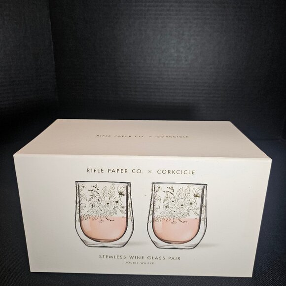 Corkcicle Stemless Wine Glass Set by Rifle Paper Co Set of 2 Elegant Gold Floral - Picture 2 of 13